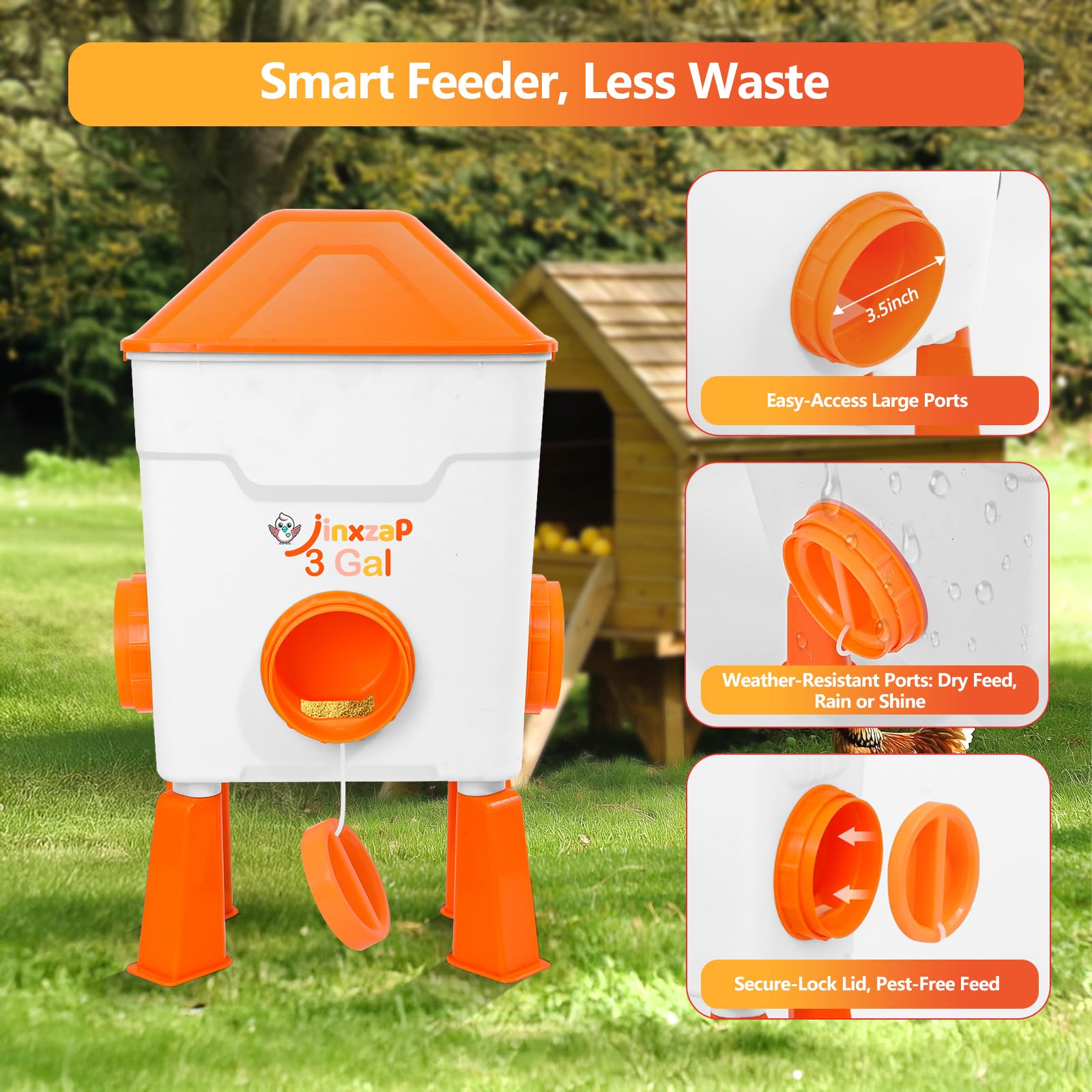 JinxZap feeder ports 3.5 inches accommodate various chicken sizes for easy feeding.