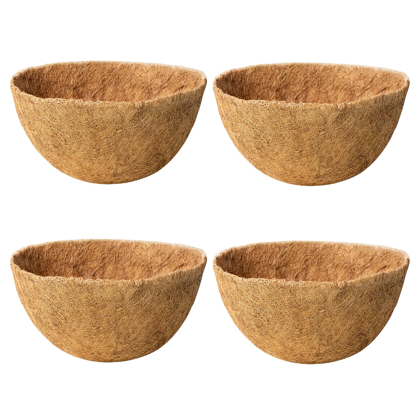 JINYICOCO 4-pack 12-inch coco liner for hanging baskets enhances drainage and rustic appeal.