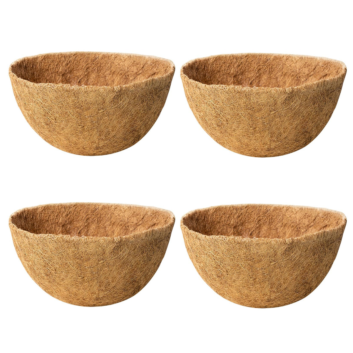 JINYICOCO 4-pack 12-inch coco liner for hanging baskets enhances drainage and rustic appeal.