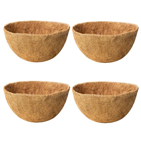 JINYICOCO 4-pack 12-inch coco liner for hanging baskets enhances drainage and rustic appeal.