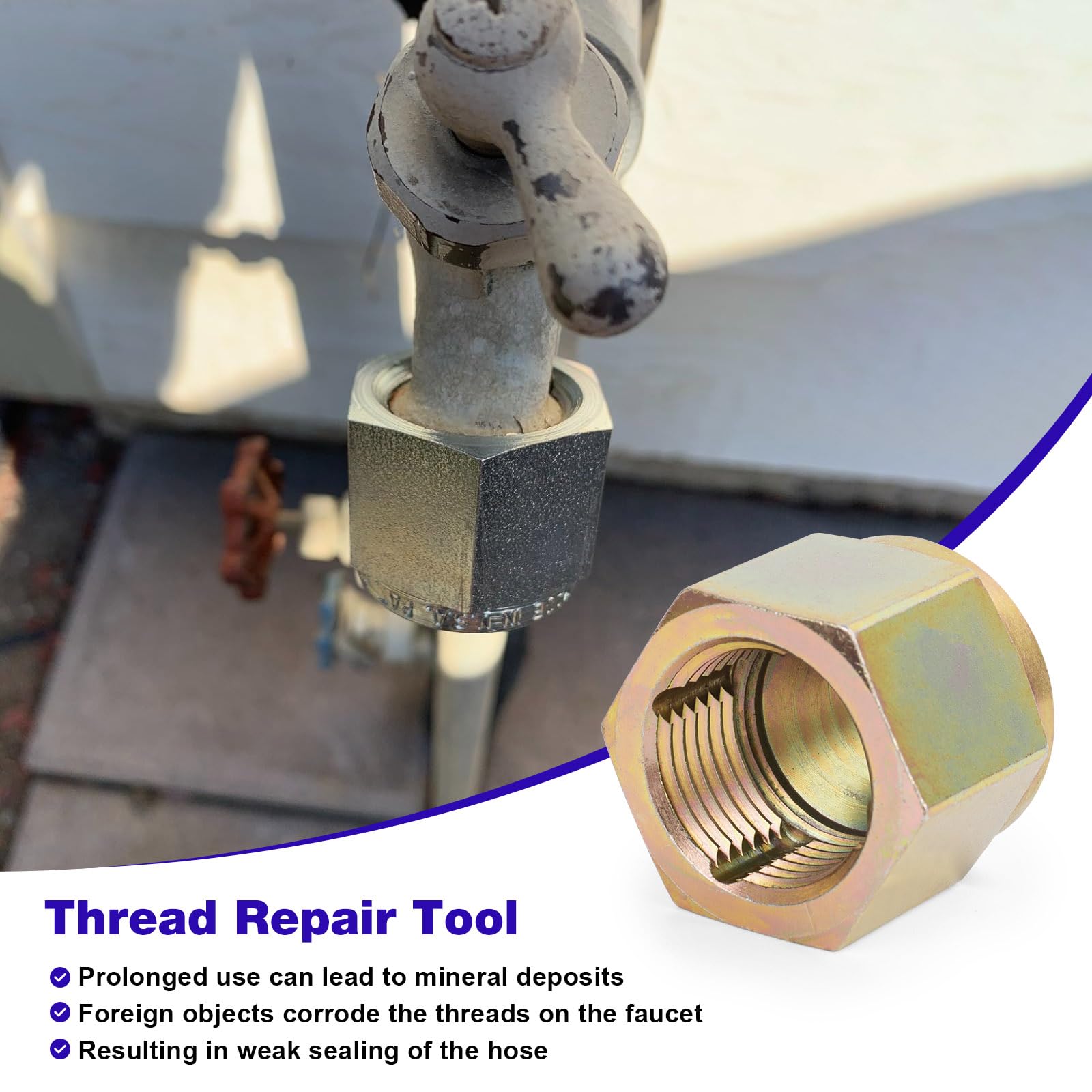 Hose thread cleaner removes rust and mineral deposits from faucet threads.