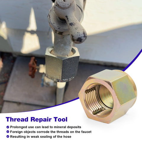 Hose thread cleaner removes rust and mineral deposits from faucet threads.
