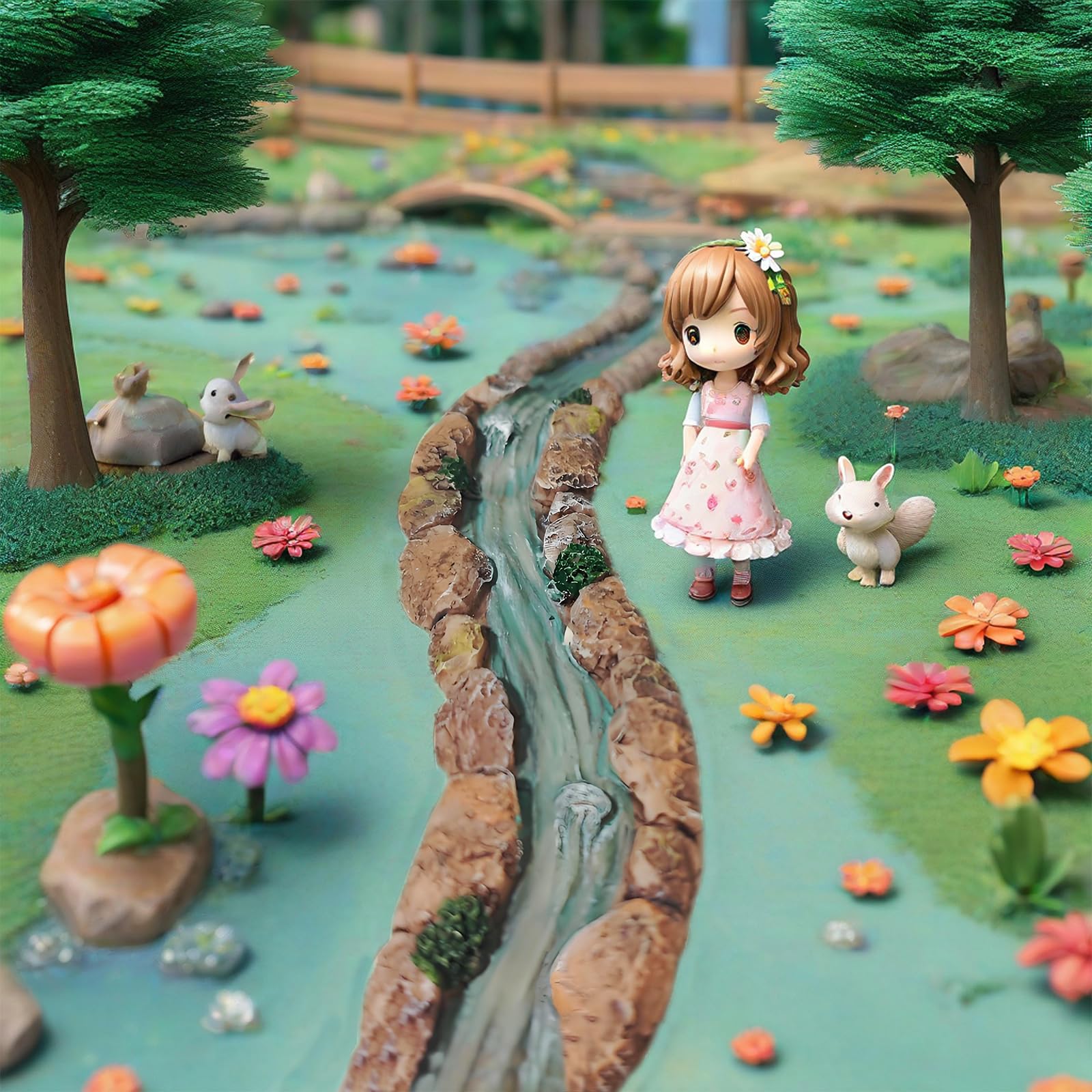 JIUMO dollhouse waterway enhances charm of garden displays.
