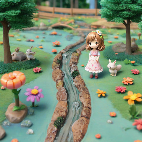 JIUMO dollhouse waterway enhances charm of garden displays.