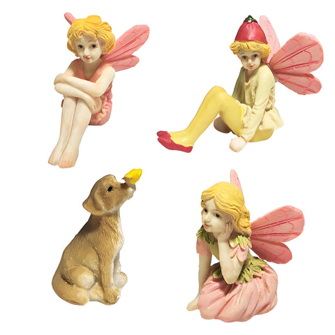 Jiumo miniature fairies trio with puppy for vibrant fairy garden decor