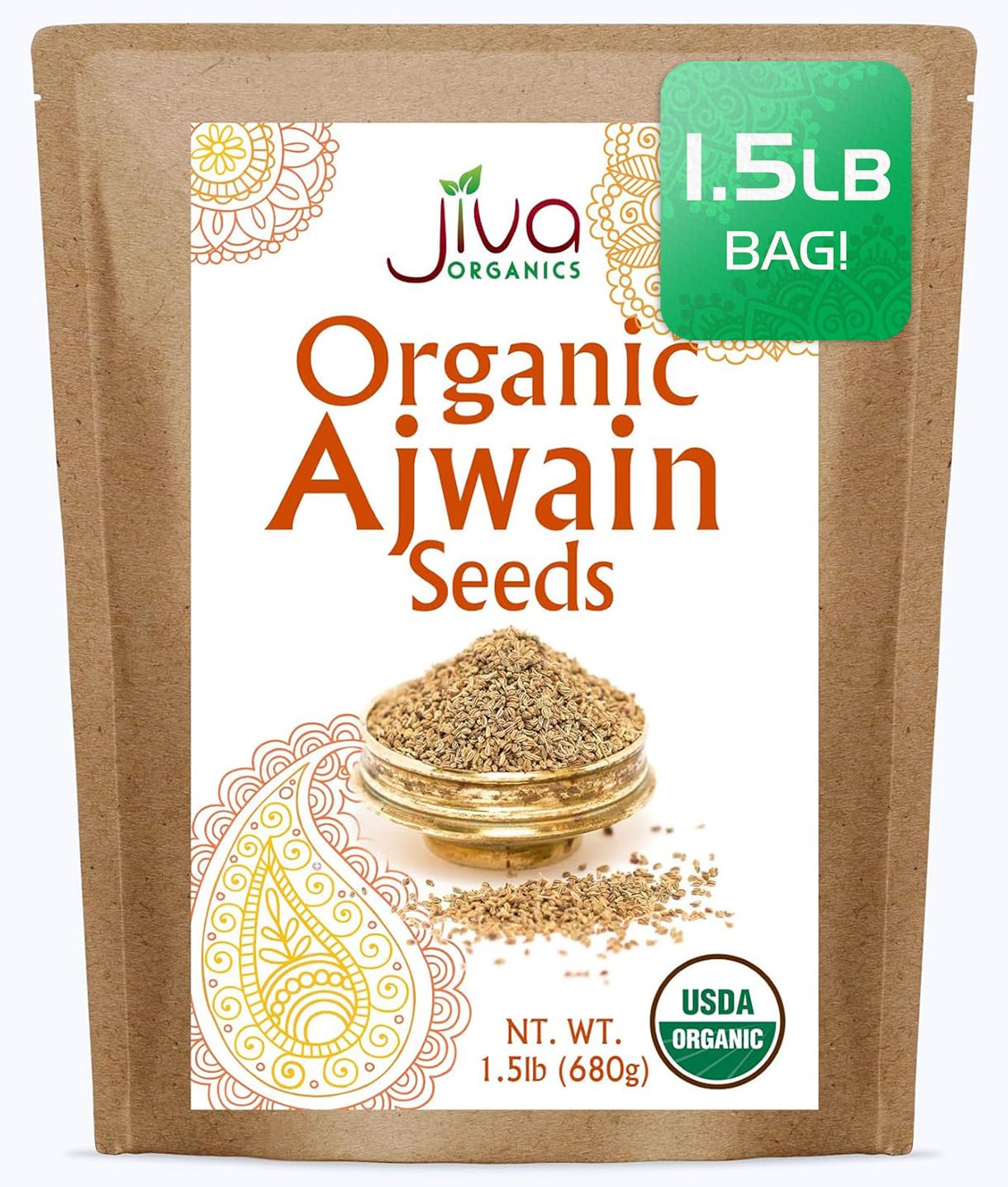 Jiva Organics Ajwain seeds in a 1.5 lb bag for authentic Indian flavor.