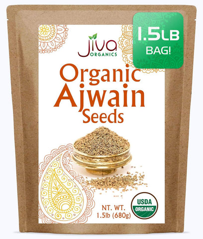 Jiva Organics Ajwain seeds in a 1.5 lb bag for authentic Indian flavor.
