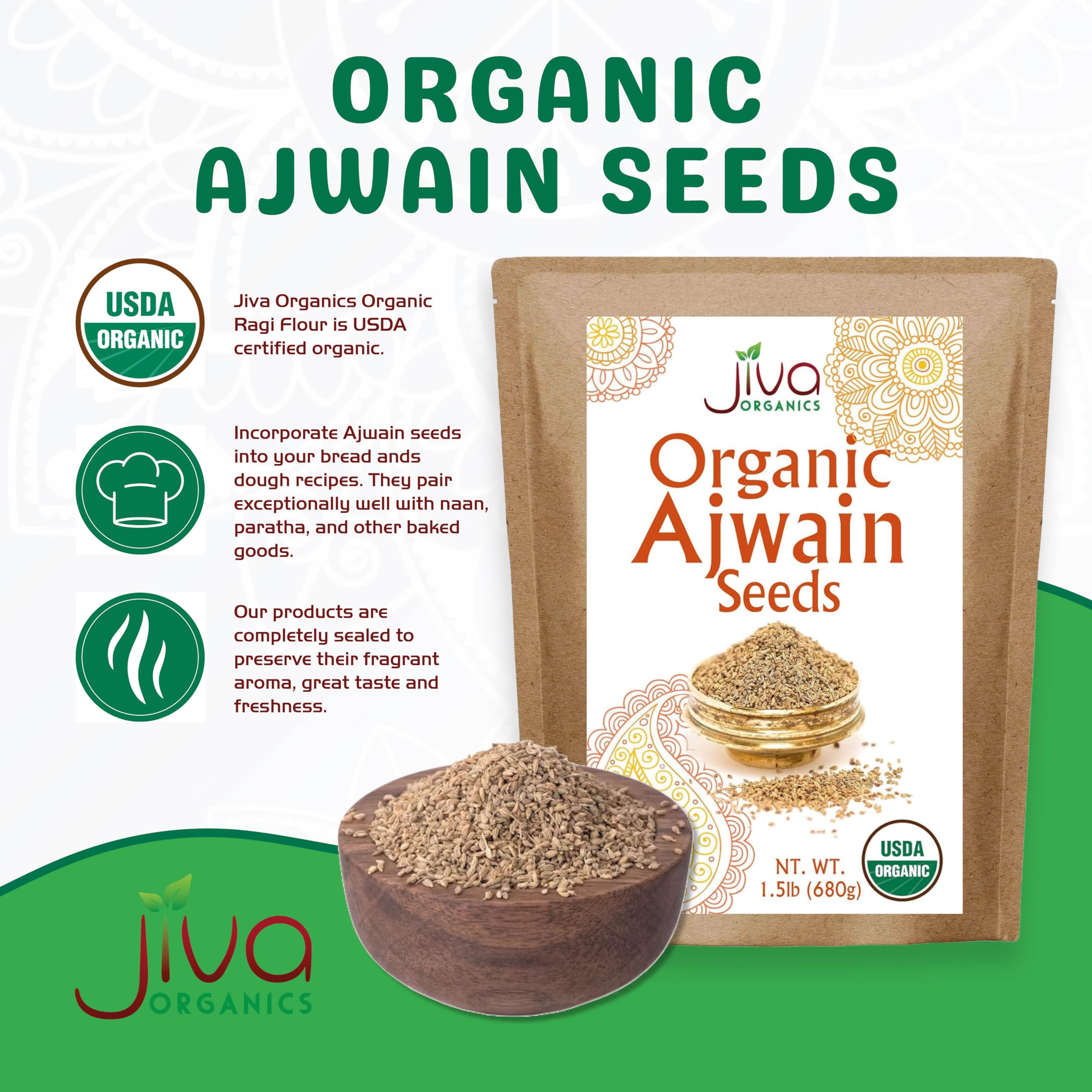 Close-up of Jiva Organics Ajwain seeds releasing rich aroma.