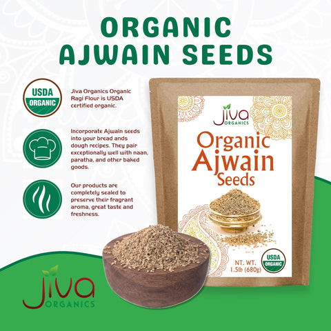 Close-up of Jiva Organics Ajwain seeds releasing rich aroma.