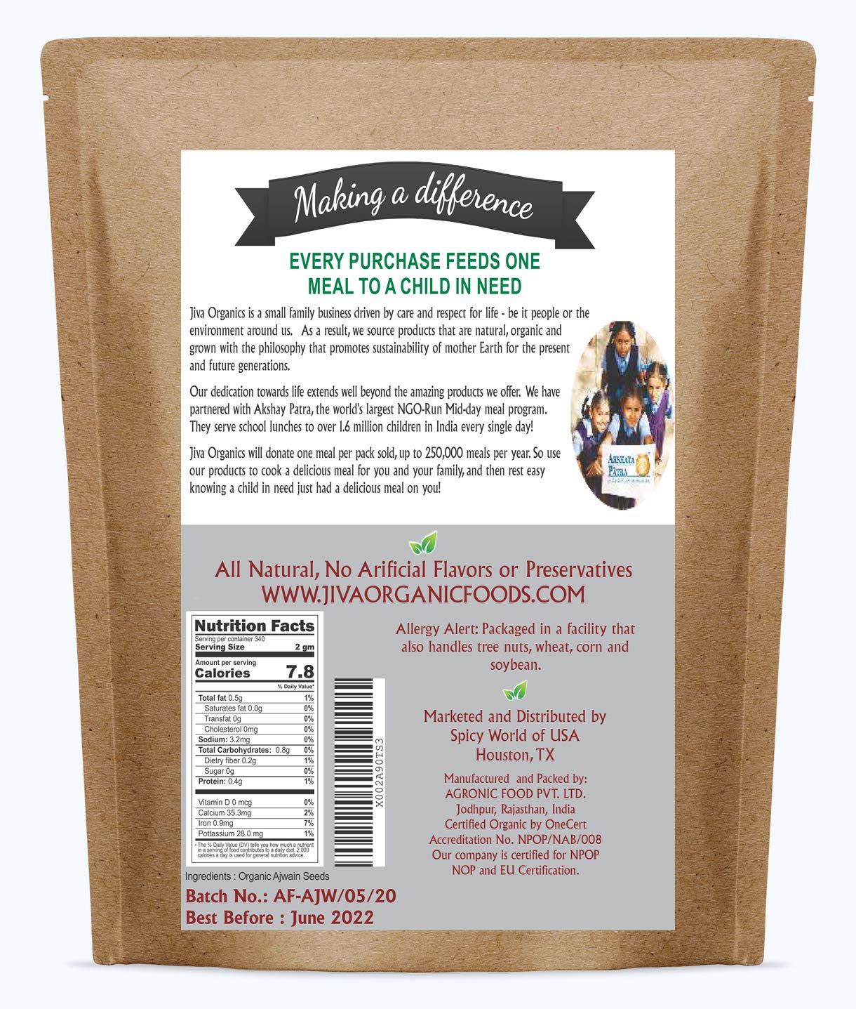 Secure packaging protects freshness of Jiva Organics Ajwain seeds.