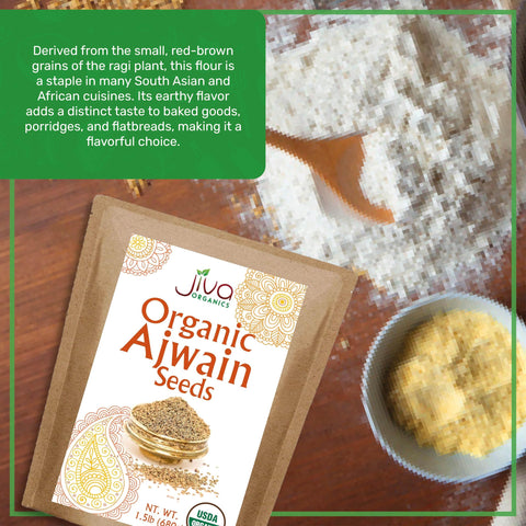 Resealable bag preserves freshness of Jiva Organics Ajwain seeds.