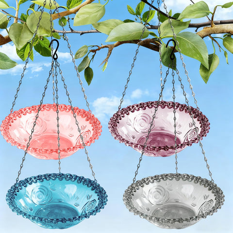 JIYANMEI hanging bird bath bowl invites garden birds to bathe and perch nearby.