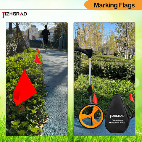 JIZHGRAD orange marking flags indicate sprinkler and utility lines for outdoor projects.