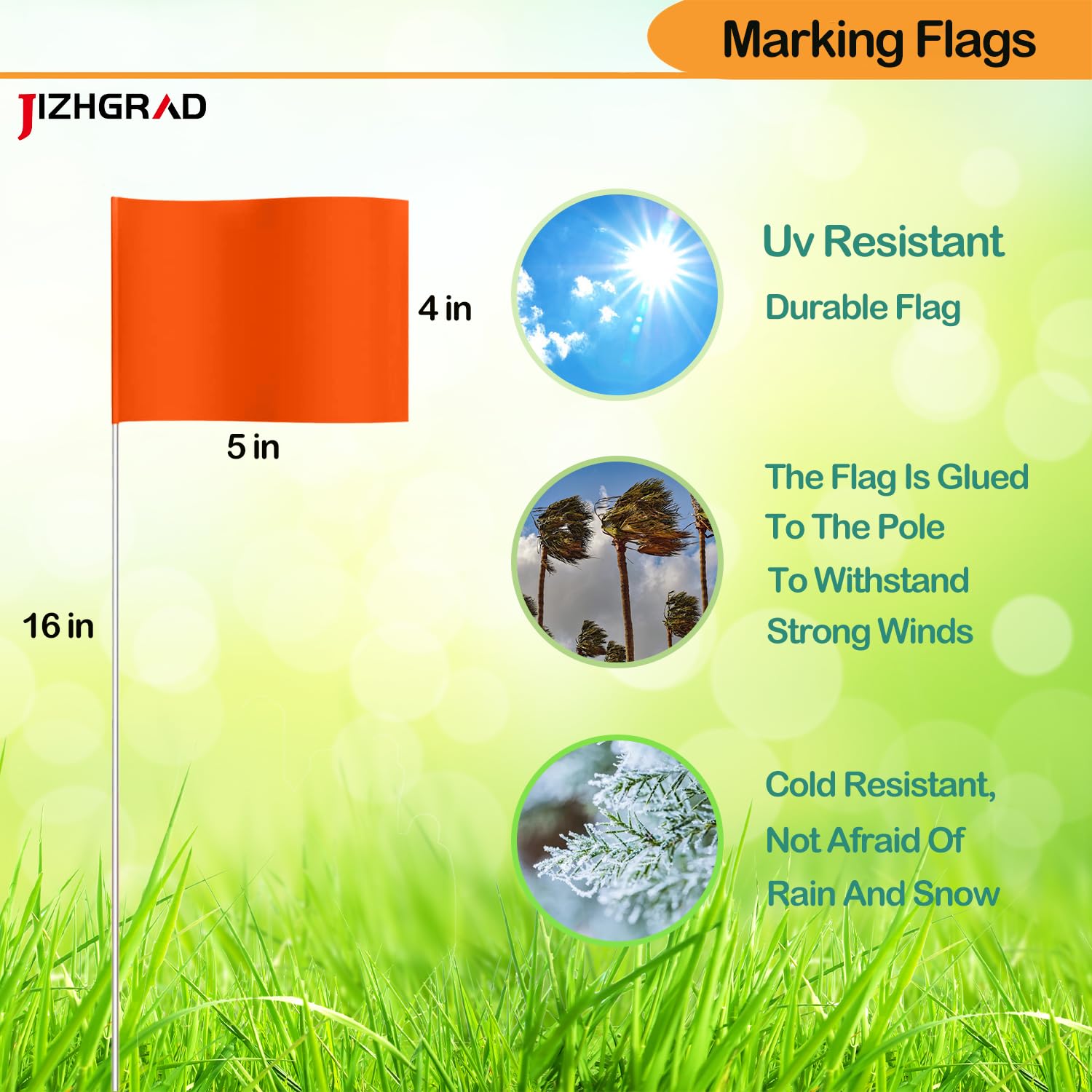 JIZHGRAD orange marker flag with steel pole for durable outdoor marking.