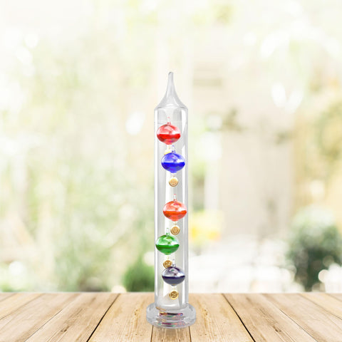 JJ Care Galileo thermometer 11 inch glass displays temperature with bold colors