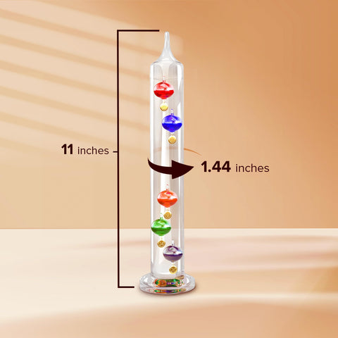 JJ Care Galileo thermometer shows non toxic liquid in vibrant spheres