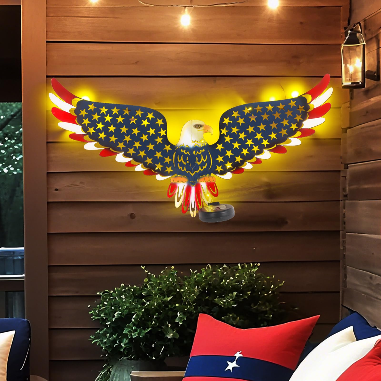 JJALIGHTS eagle wall art with solar lights illuminates outdoor space at dusk