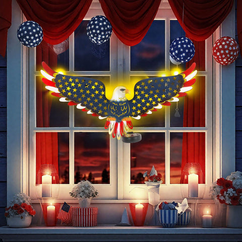 Outdoor patriotic decor by JJALIGHTS adds warm, subtle light to porches