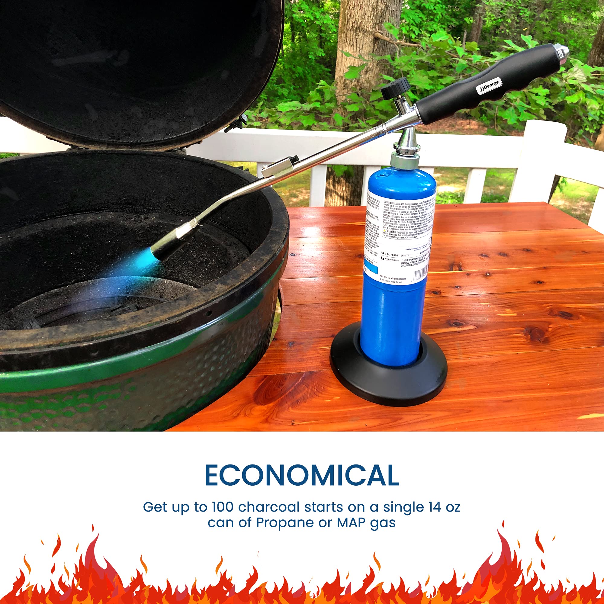 Propane or MAP gas powers up to 100 starts from a single can.