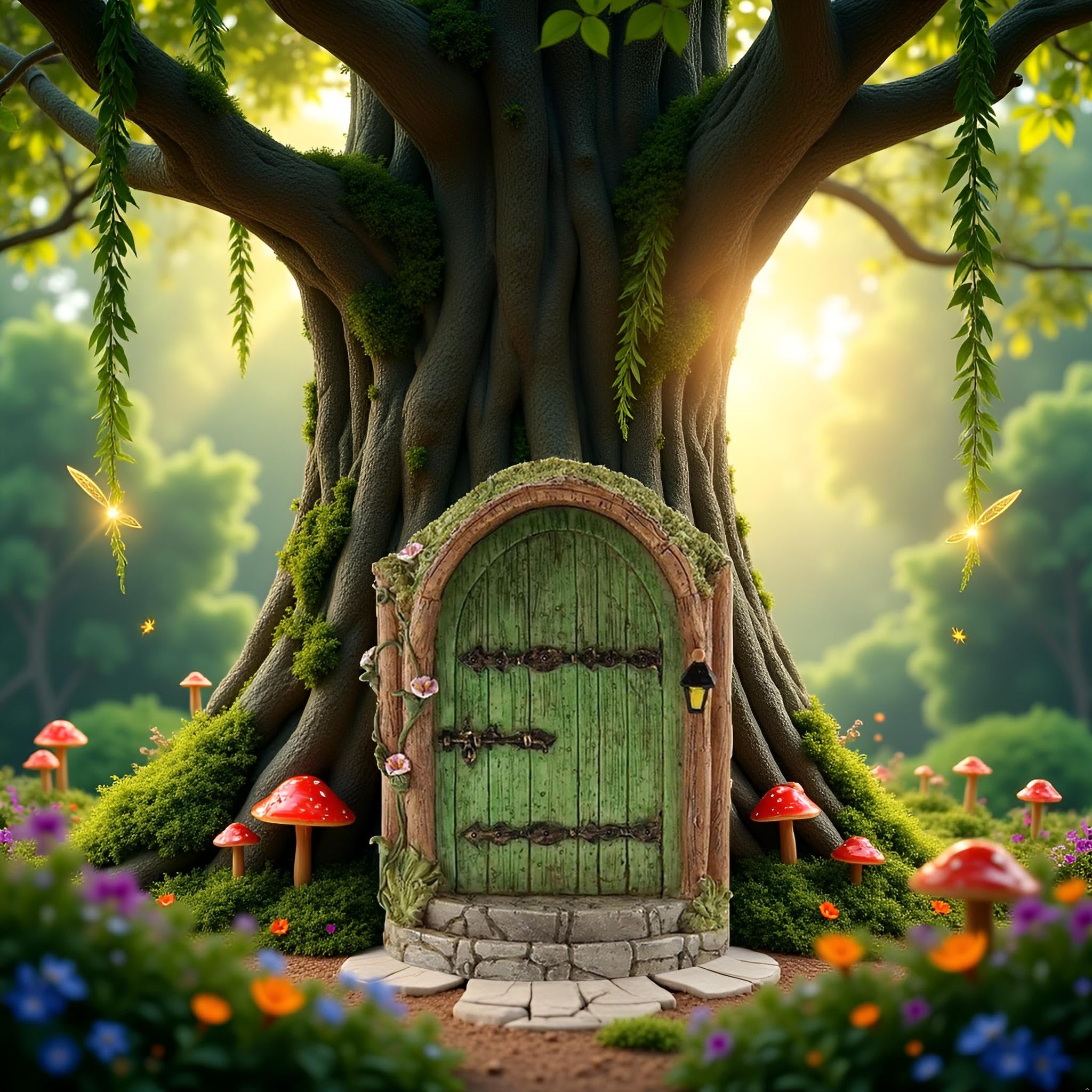 JJLFresheners Green Fairy Door with intricate colors inspires curiosity outdoors.