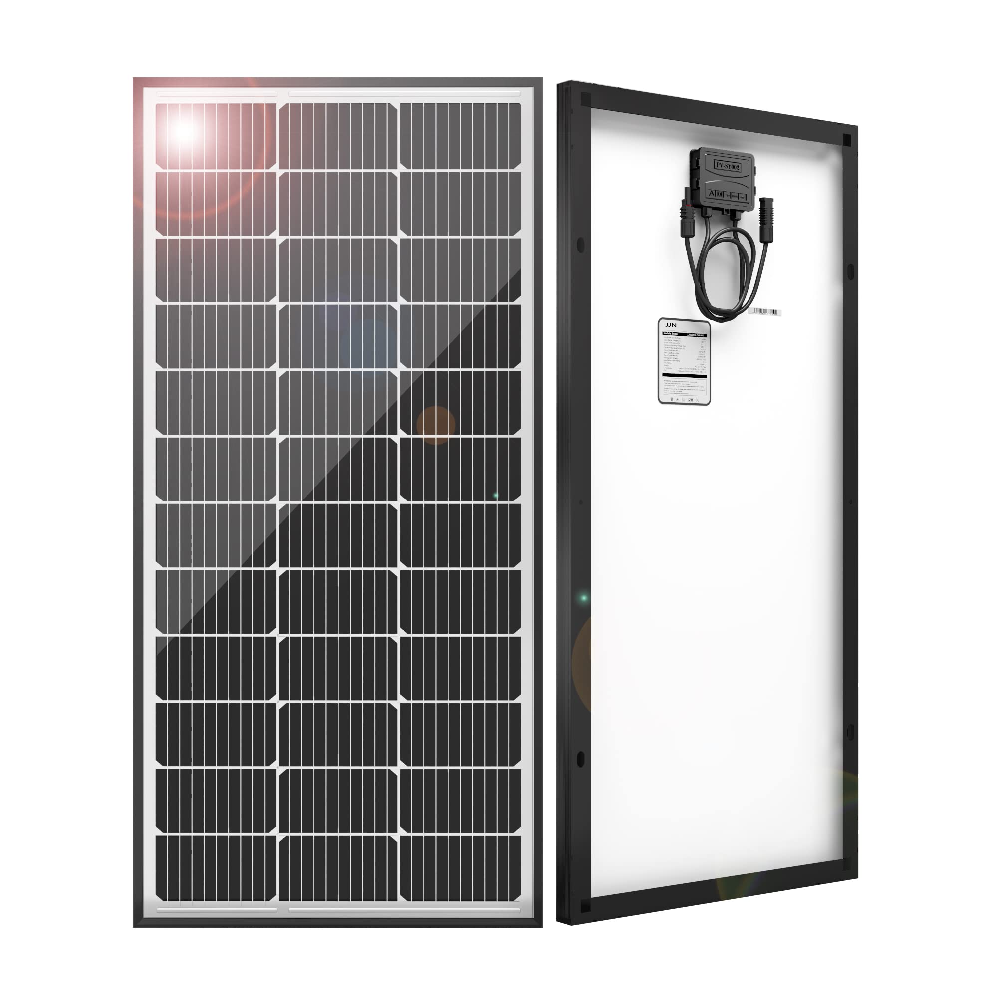 JJN 100W solar panel front view highlighting high-efficiency PV module.