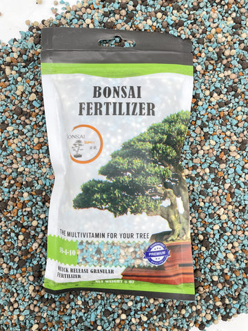 JK Global Imports Bonsai All-Purpose Fertilizer label close-up highlights micro nutrients for healthy trees.