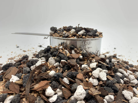 Bonsai pot with mix around roots indicating healthy aeration and moisture balance.