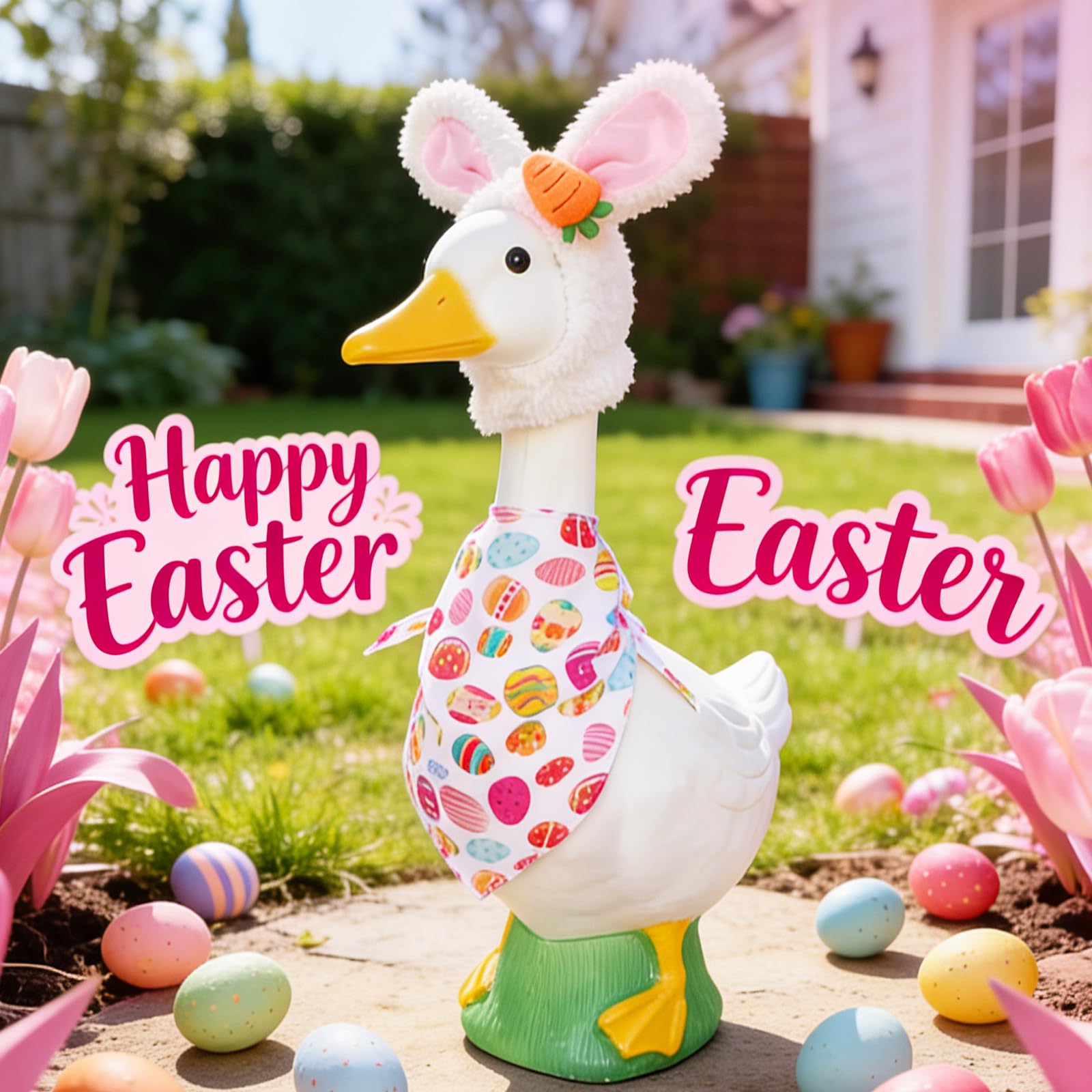 jkahh Easter Bunny Porch Goose Outfit on a 23-inch goose statue creates standout decor