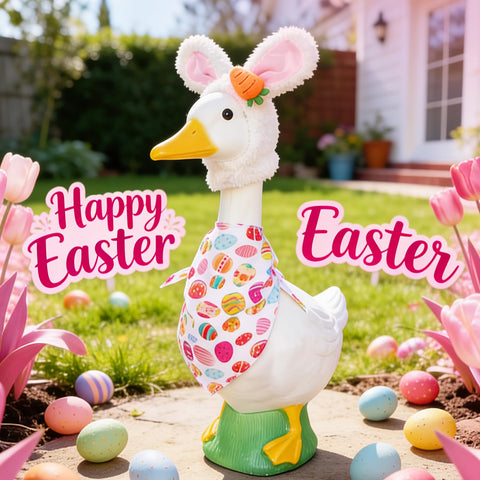 jkahh Easter Bunny Porch Goose Outfit on a 23-inch goose statue creates standout decor