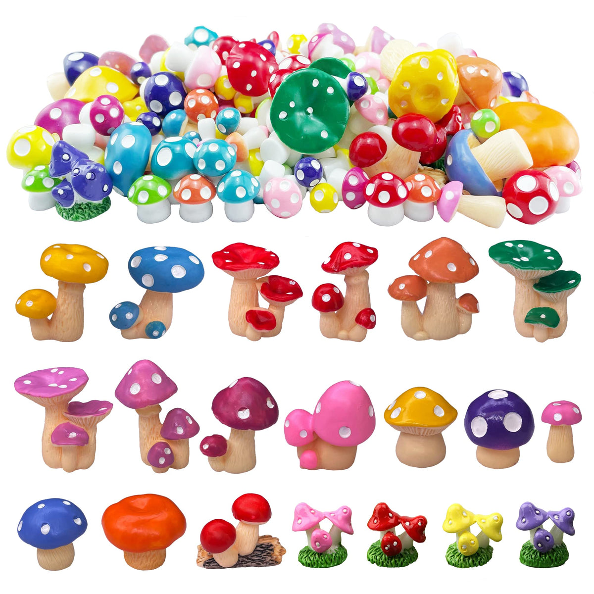 JKanruh 80-piece miniature resin mushrooms set adds color to fairy garden displays.