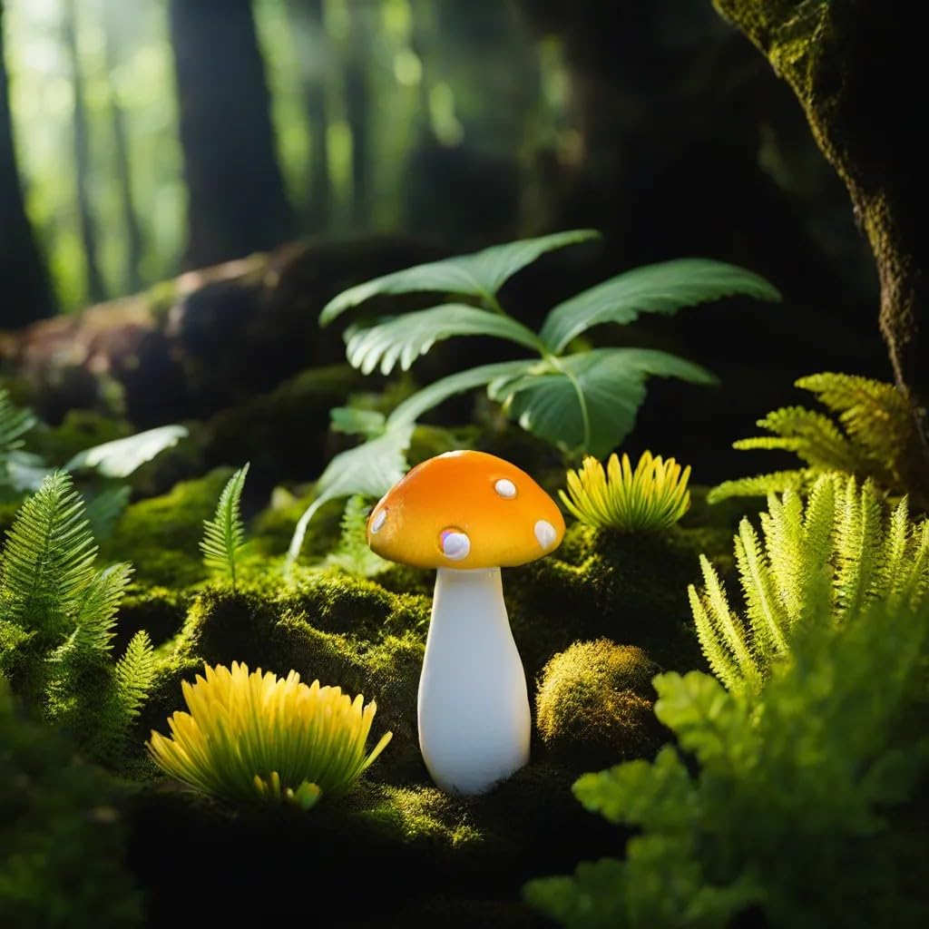 JKanruh sunlit resin mushroom decor creates a fairytale vibe