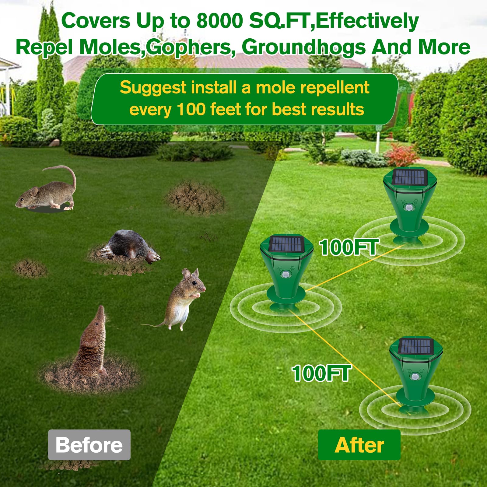 Solar-powered operation minimizes maintenance for lawns and gardens.
