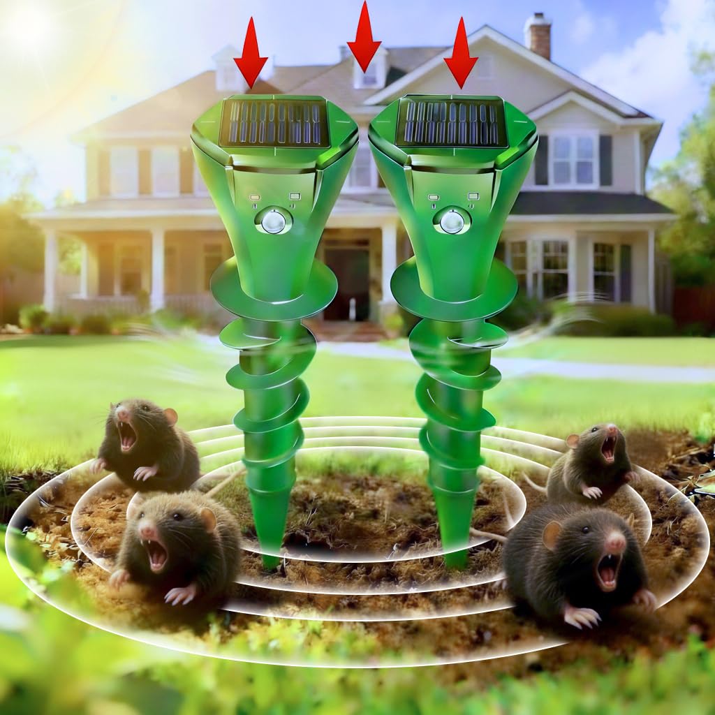 JNKNT solar mole repellent two-pack on lawn provides sun-powered protection against underground pests.