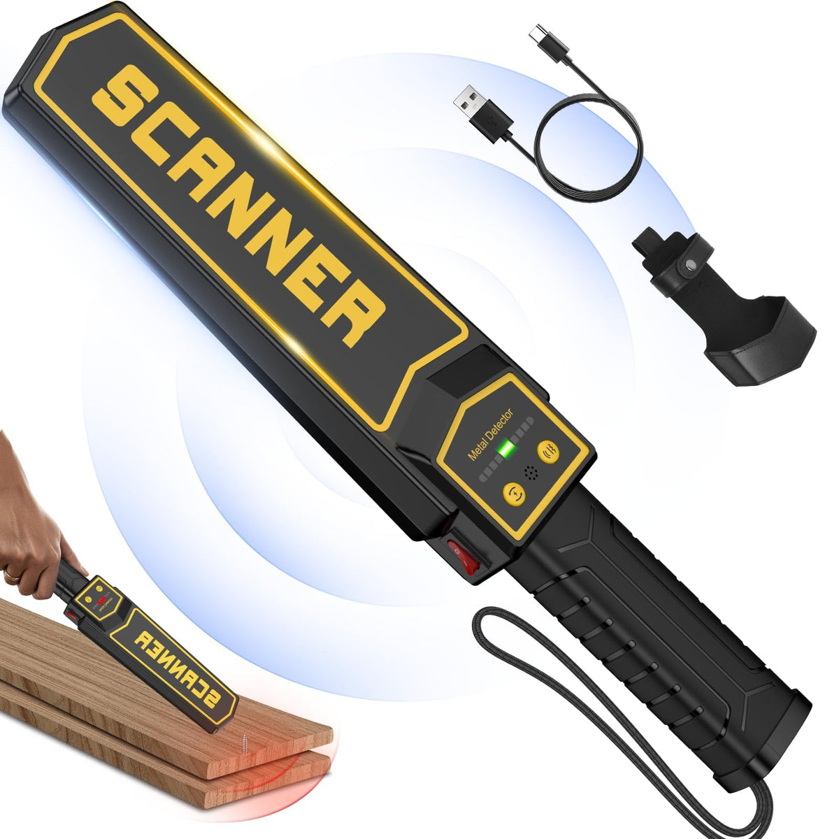 JKUSS rechargeable handheld metal detector wand front view for quick security checks.