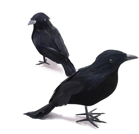 JLJIUBBKX black feather crow statue pair perched for Halloween decor.