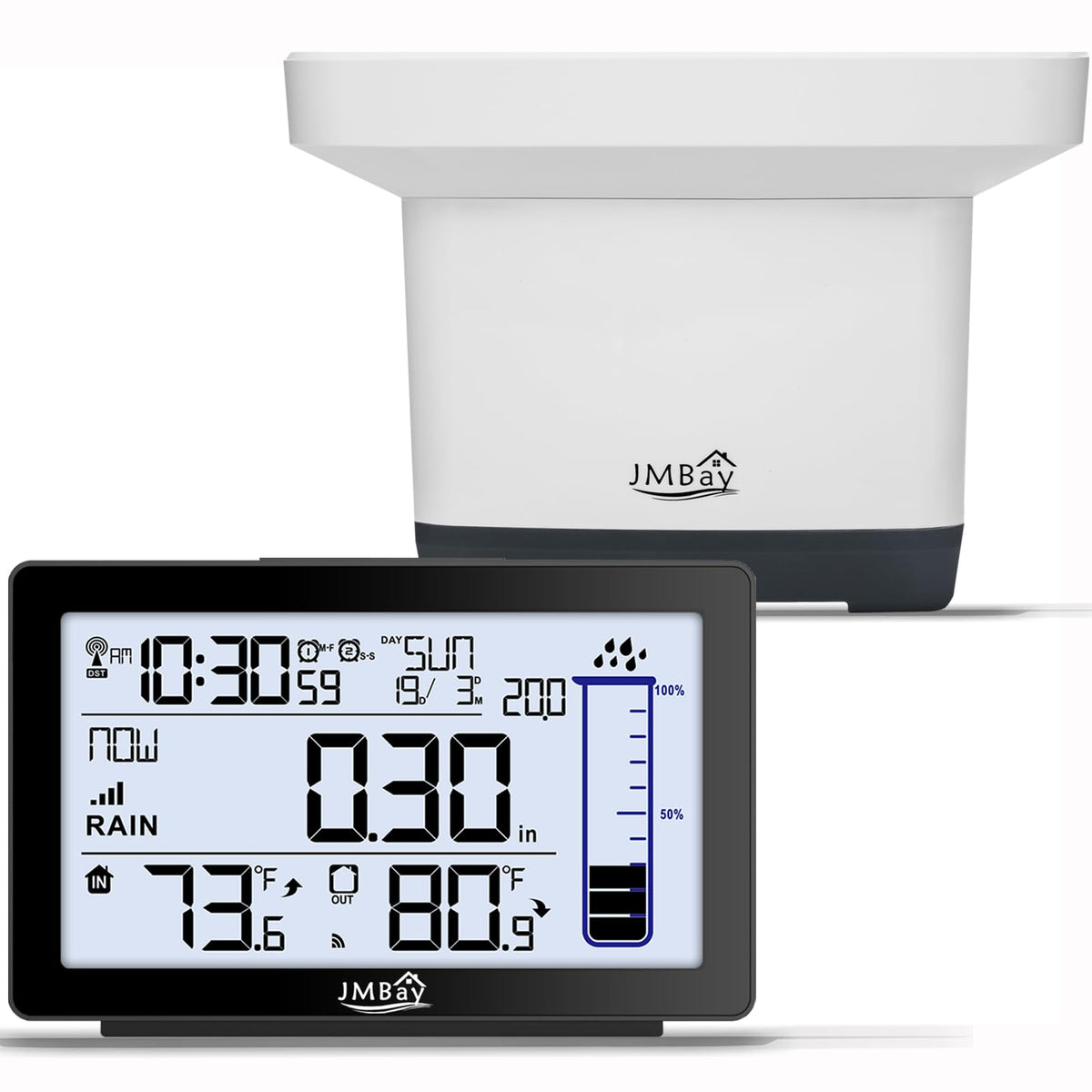 JMBay Digital Rain Gauge Outdoor with Thermometer displays rainfall and temperature for yard planning.