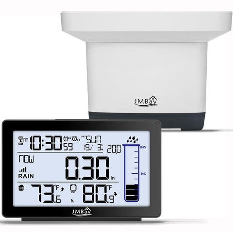 JMBay Digital Rain Gauge Outdoor with Thermometer displays rainfall and temperature for yard planning.