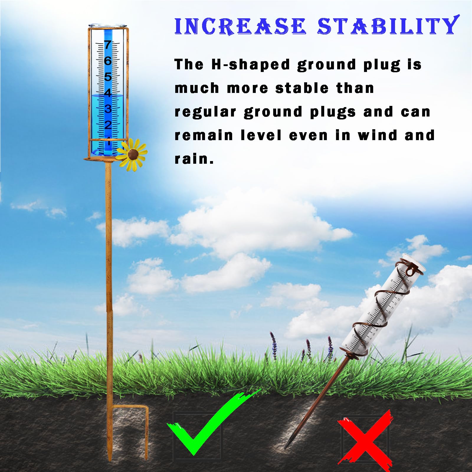 JMBay rain gauge blue-water contrast improves readability in bright sunlight.