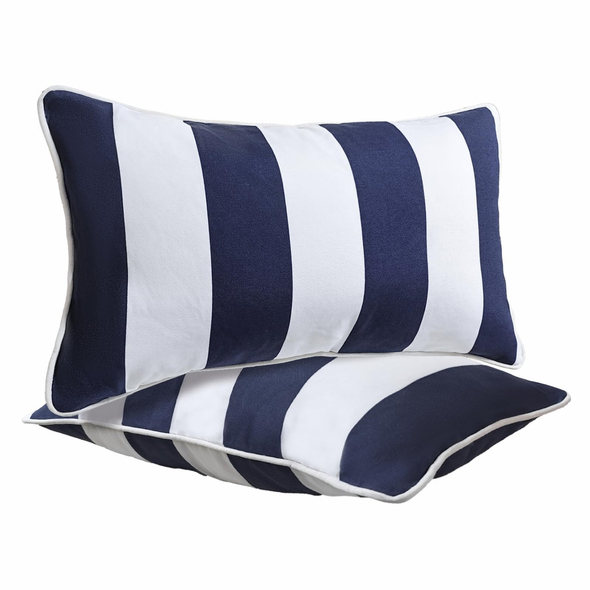 JMGBird outdoor lumbar pillows in blue and white for comfortable outdoor seating.