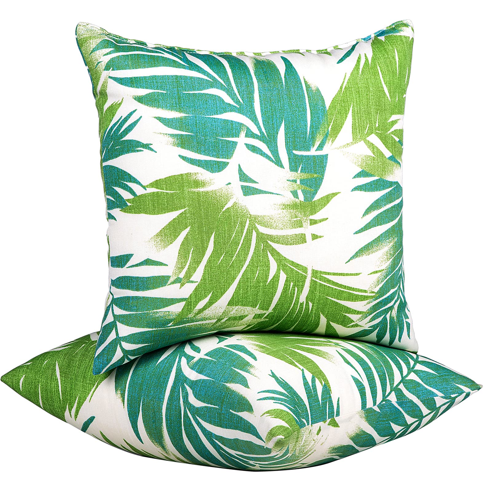 JMGBird outdoor pillow with blue palm leaf on white background for patio decor.