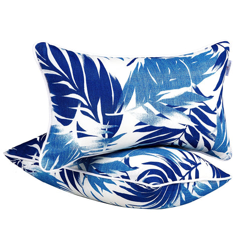 JMGBird outdoor pillows with white and blue palm leaf design for stylish patio seating