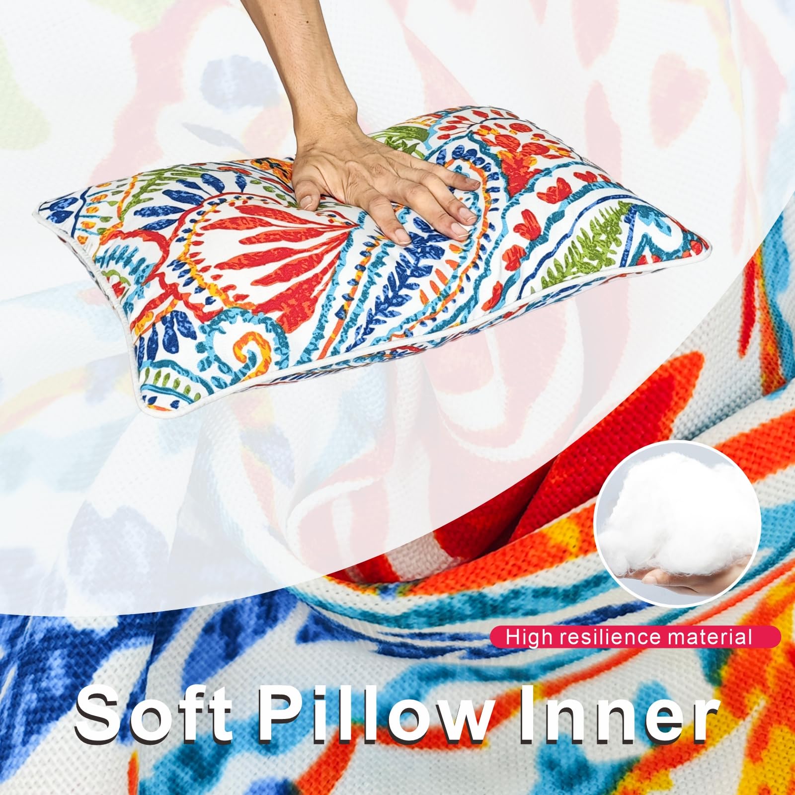 JMGBird paisley-pattern outdoor pillow displaying vibrant color on a chair