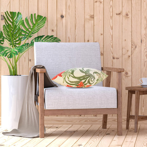 JMGBird patio cushions brighten outdoor seating with cheerful red and yellow motif.