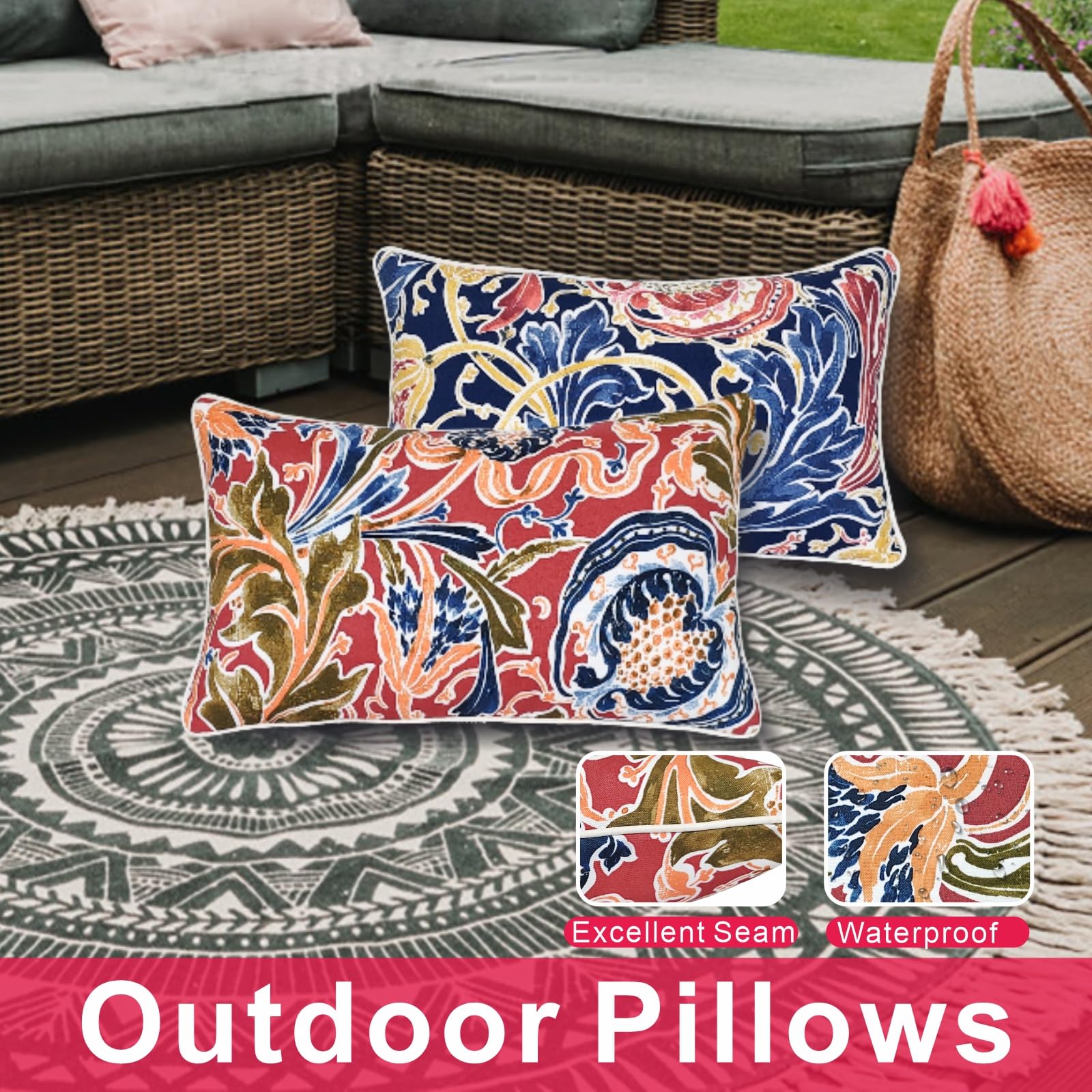 JMGBird pillows on a sofa add Mediterranean flair to garden spaces
