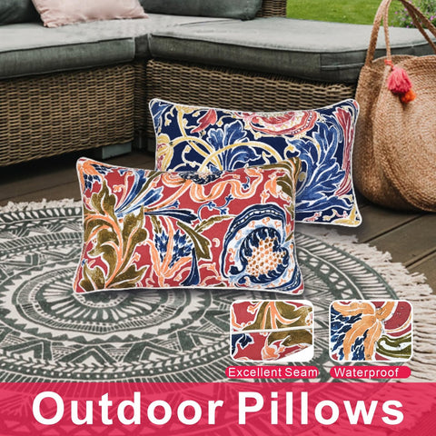 JMGBird pillows on a sofa add Mediterranean flair to garden spaces