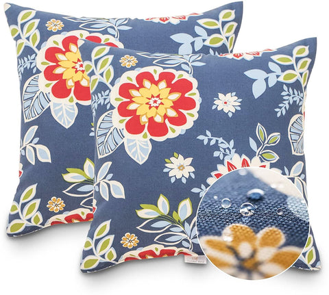 JMGBird red floral motif against blue backdrop adds garden charm.