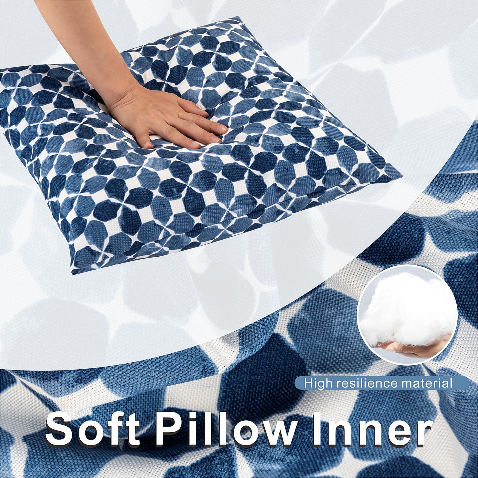 JMGBird white cushion with blue petal pattern complements cottage and modern patios.