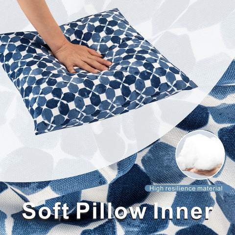 JMGBird white cushion with blue petal pattern complements cottage and modern patios.