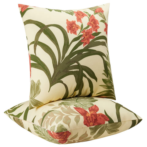 JMGBird weather pillow 18x18 with red flowers on yellow background, outdoor-ready and fade-resistant.