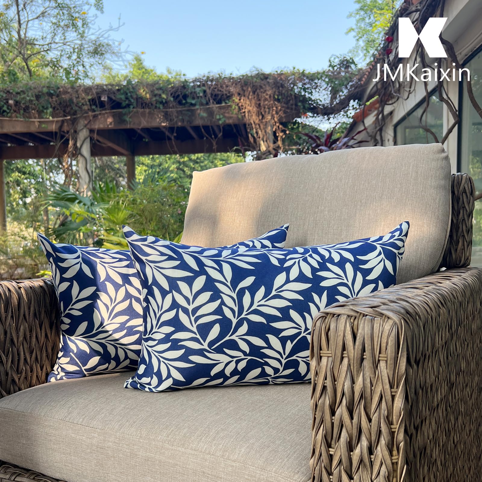 JMKaixin lumbar pillow on outdoor sofa setup promotes versatile patio lounging.